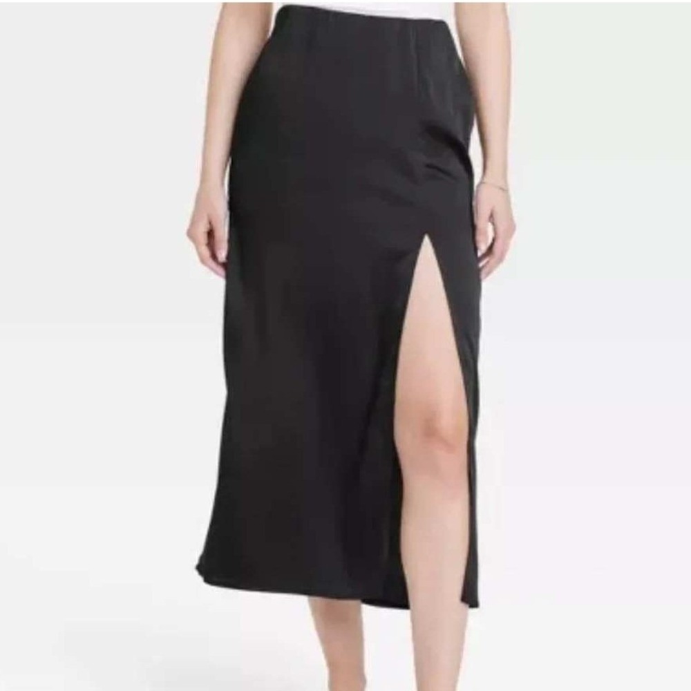 Black Satin Midi Maxi Slip Skirt Size Large Capsule Wardrobe Staple Minimal Slit